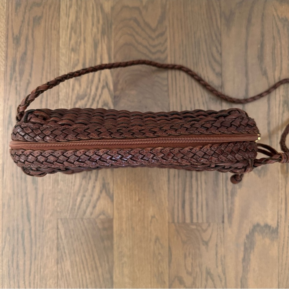Vintage Woven Leather Small Rectangular Crossbody Handbag Brown 10"x7.5"x2.75 - Picture 6 of 11
